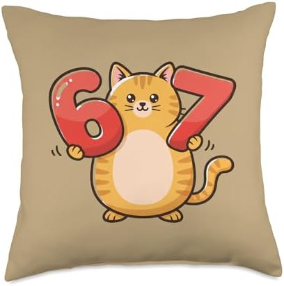 Thanksgiving 67 Six Seven Meme Cute Cat 6 7 Funny Thankful Throw Pillow by Unknown