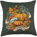 Pumpkins Fall Season Autumn Leaves Thanksgiving Vintage Throw Pillow by Unknown