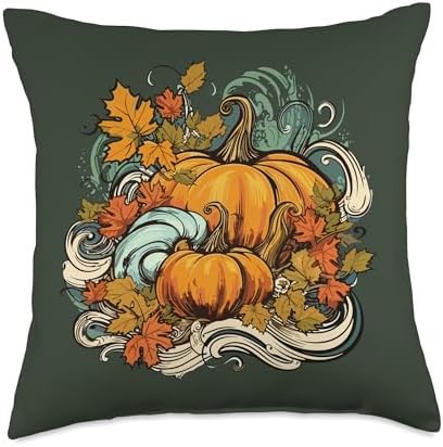 Pumpkins Fall Season Autumn Leaves Thanksgiving Vintage Throw Pillow by Unknown