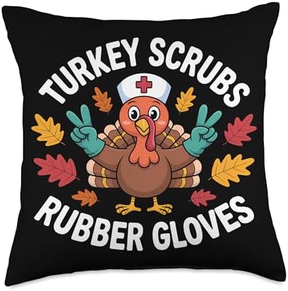 Funny Turkey Scrubs Rubber Gloves Nurse Thanksgiving Design Throw Pillow by Unknown