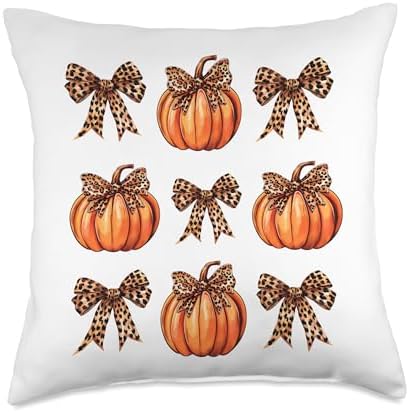 Coquette Bows Leopard Pumpkin Thanksgiving Rustic Fall Women Throw Pillow by Unknown