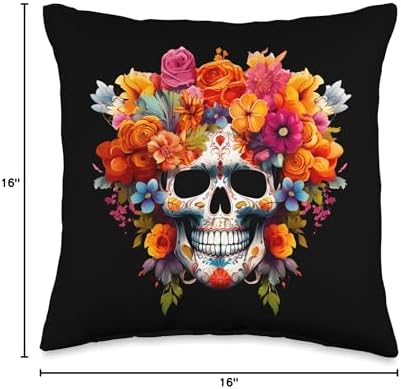 KIM101DESIGN THANKSGIVING DAY OF DEAD Dead Flower Sugar Skull Dia DE Los Muertos Mexico Day Throw Pillow, 16x16, Multicolor - Image 4