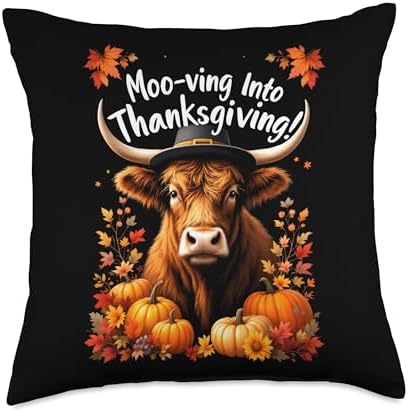 Moo-ving Into Thanksgiving Highland Cow Throw Pillow by Unknown