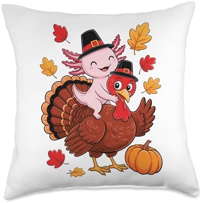 Thanksgiving Turkey Axolotl Pilgrim Hat Axolotls Throw Pillow by Unknown