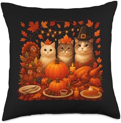 Fall Thanksgiving Cats Dinner Feast Vintage Fall Home Decor Throw Pillow by Unknown
