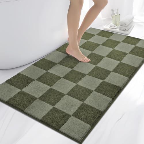 Bathroom Rugs, 30" x 60" Bath Rugs, Checkered Budding Green & Sage Green