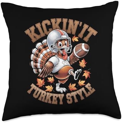 Kickin' It Turkey Style Thanksgiving Turkey Football Throw Pillow by Unknown