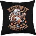 Kickin' It Turkey Style Thanksgiving Turkey Football Throw Pillow by Unknown