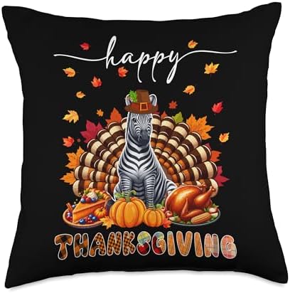 Happy Thanksgiving Zebra Costume Turkey Fall Leaves Food Throw Pillow by Unknown