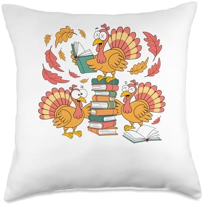 Turkey Reading Books Fall Thanksgiving Teacher Librarian Throw Pillow by Unknown