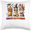 halloween thanksgiving christmas happy hallothanksmas coffee Throw Pillow by Unknown