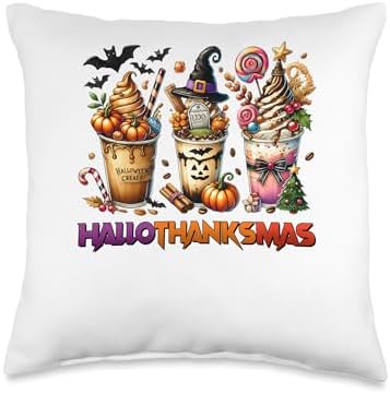 halloween thanksgiving christmas happy hallothanksmas coffee Throw Pillow by Unknown