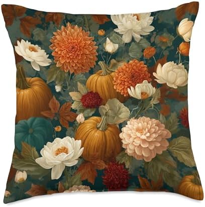 Vintage Autumn Flower Fall Pumpkin Thanksgiving Fall Themed Throw Pillow by Unknown