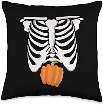 rib cage skeleton xray thanksgiving pumpkin in stomach Throw Pillow by Unknown