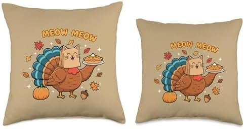 Meow Meow Turkey Cat Thanksgiving Cute Funny Holiday Design Throw Pillow - Image 3