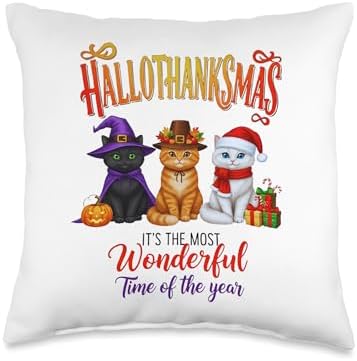 Halloween Thanksgiving Christmas Happy HalloThanksMas Cats Throw Pillow by Unknown