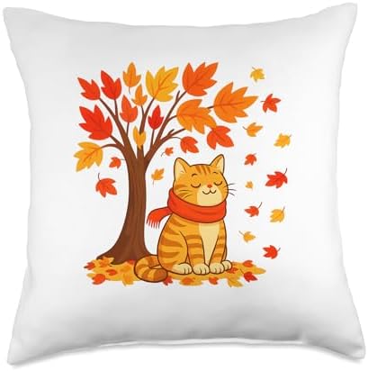 Cute Cat Autumn, Cat Thanksgiving It's Fall Feline Tree Throw Pillow by Unknown