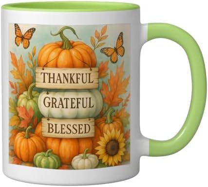 Thankful Grateful Blessed - Fall Pumpkin Family Thanksgiving Ceramic Mug, Light Green/White, 11oz - Image 2