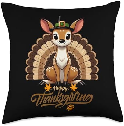 Funny White-Tailed Deer with Turkey Feathers Thanksgiving Throw Pillow by Unknown