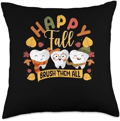 Fall Leaves Shirt Autumn Foliage Pumpkin Decor Happy Fall Brush Them All Dental Dentist Squad Thanksgiving Throw Pillow, 18x18, Multicolor by Unknown