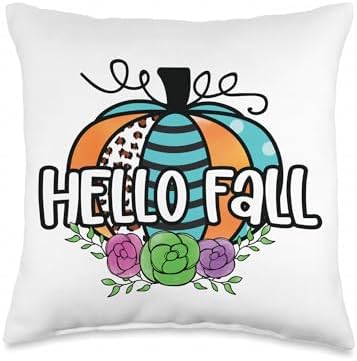 Hello Fall Pumpkin Patch Leopard Thanksgiving Halloween Fun Throw Pillow by Unknown