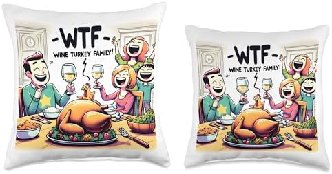 Cocorina WTF Wine Turkey Family Funny Thanksgiving Day Throw Pillow, 18x18, Multicolor - Image 3