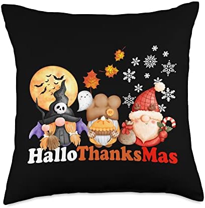 Happy Hallothanksmas Gnomes Halloween Thanksgiving Christmas Throw Pillow by Night+Creatures