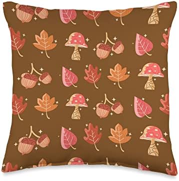 Cute Fall Thanksgiving Brown Leaves Toadstool Autumn Throw Pillow by Unknown