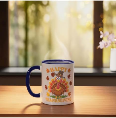 Happy Thanksgiving Funny Turkey Family Dinner Thanksgiving Ceramic Mug, Dark Blue/White, 11oz - Image 3