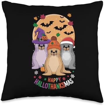 happy hallothanksmas Halloween Thanksgiving Christmas Throw Pillow by Unknown