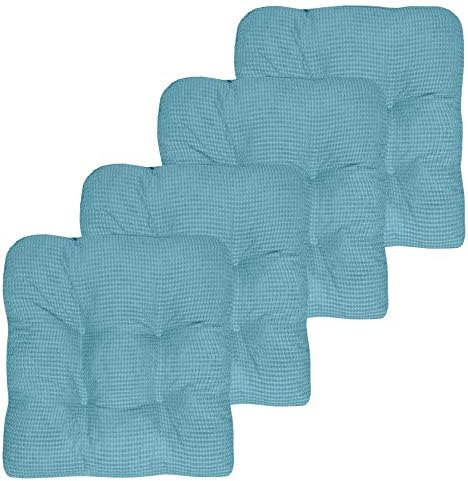 Sweet Home Collection Chair Cushion Crushed Memory Foam Pads Premium Slip Non Skid Microdot Rubber Back Tufted 16" x 16" x 3.25" Thick Seat Cover, 4 Pack, Teal by SweetHomeCollection