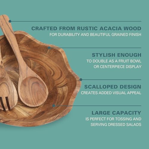 Gibson Home Sandhurst 3-Piece Acacia Wood Salad Bowl Set – 12-Inch Scalloped Serving Bowl with Wooden Salad Servers – Natural Rustic Finish for Dining, Entertaining, or Gifting - Image 3