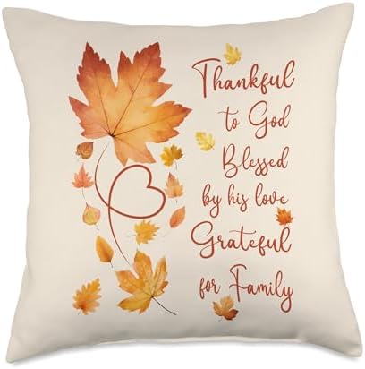 Thankful Grateful Blessed Christian Thanksgiving Fall Leaves Throw Pillow by Unknown