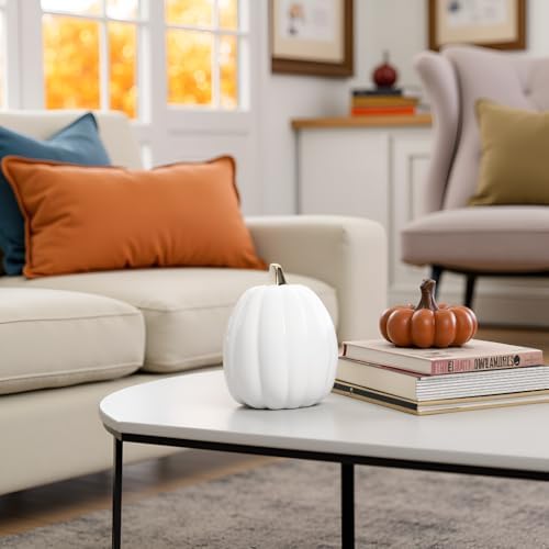 Pearhead Ceramic Pumpkin Fall Decor with Gold Stem, White - Image 6