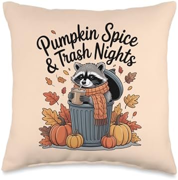 Pumpkin Spice and Trash Nights Thanksgiving Raccoon Fall Throw Pillow by Unknown
