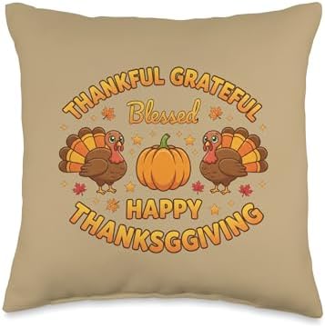 Thankful Grateful Blessed Happy Thanksgiving Turkey Pumpkin Throw Pillow by Unknown