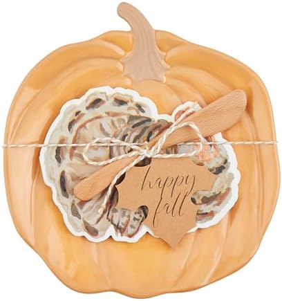 Mud Pie Pumpkin Cheese Sets, Orange, plate 8 1/4" x 7 3/4" | spreader 5" | napkins appox 5" x 5" by MudPie