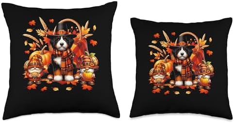 Thanksgiving Bernedoodle With Gnomes Fall Leaves Pumpkins Throw Pillow - Image 3