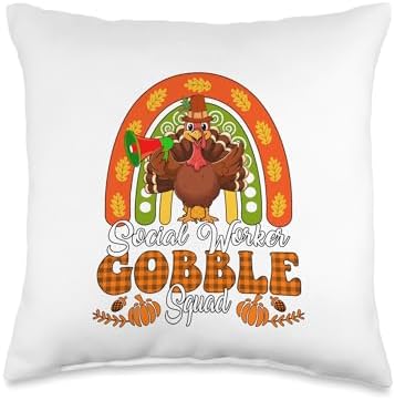 Social Worker Gobble Squad Thanksgiving Turkey Fall Rainbow Throw Pillow by Unknown