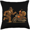 Pilgrim Sasquatch Chasing Turkey Biker Thanksgiving Humor Throw Pillow by Unknown