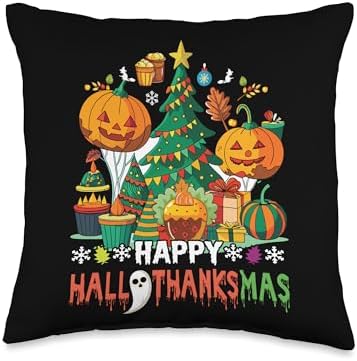 Happy Hallothanksmas Thanksgiving Halloween Merry Christmas Throw Pillow by Unknown