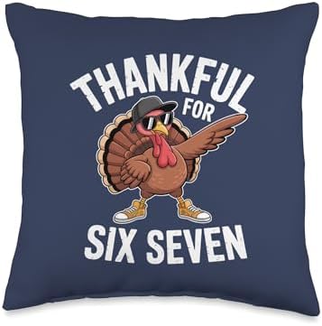 Funny Six Seven Thanksgiving Thankful for 67 Running Turkey Throw Pillow by Unknown