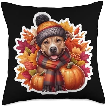 Autumn Fall Pit Bull Dog Owner Thanksgiving Mom Dad Pumpkin Throw Pillow by Unknown