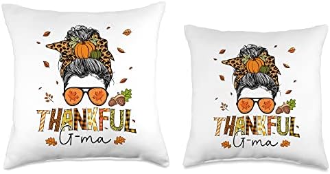 Thankful G-ma Thanksgiving Messy Bun One Thankful G-ma Leopard Messy Bun Thanksgiving Family Throw Pillow, 16x16, Multicolor - Image 3