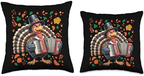 Funny Thanksgiving Turkey with Pilgrim Hat Playing Accordion Throw Pillow - Image 3