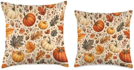 Vintage Autumn Pumpkin & Fall Leaves Pattern Throw Pillow - Image 3