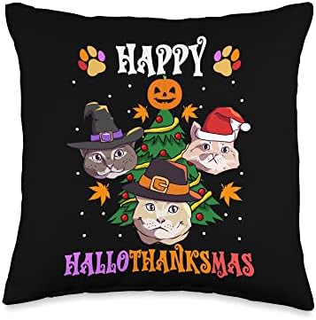 Halloween Thanksgiving Christmas Cats Happy HalloThanksMas Throw Pillow by Unknown