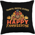 Thankful Grateful Blessed Happy Thanksgiving Pilgrim Turkey Throw Pillow by Unknown