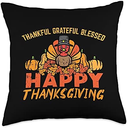 Thankful Grateful Blessed Happy Thanksgiving Pilgrim Turkey Throw Pillow by Unknown