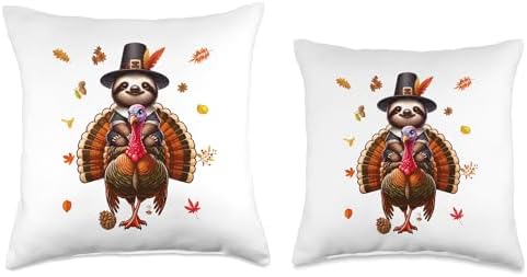 Sloth Riding Turkey Thanksgiving Fall Leaves Owner Kids Throw Pillow - Image 3